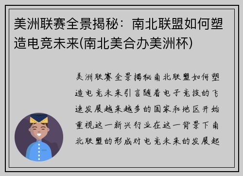 美洲联赛全景揭秘：南北联盟如何塑造电竞未来(南北美合办美洲杯)