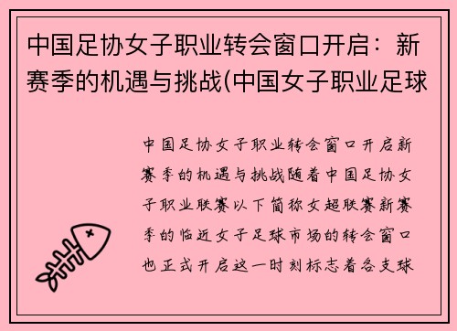 中国足协女子职业转会窗口开启：新赛季的机遇与挑战(中国女子职业足球)