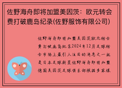 佐野海舟即将加盟美因茨：欧元转会费打破鹿岛纪录(佐野服饰有限公司)