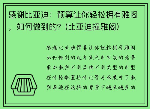 感谢比亚迪：预算让你轻松拥有雅阁，如何做到的？(比亚迪撞雅阁)